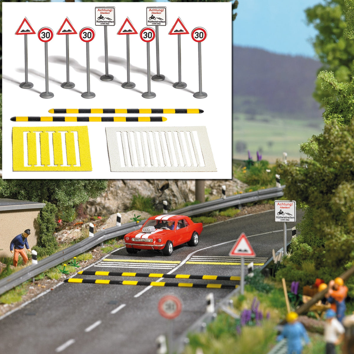 Busch 1110 HO Scale Speed Bumps with Signs Set