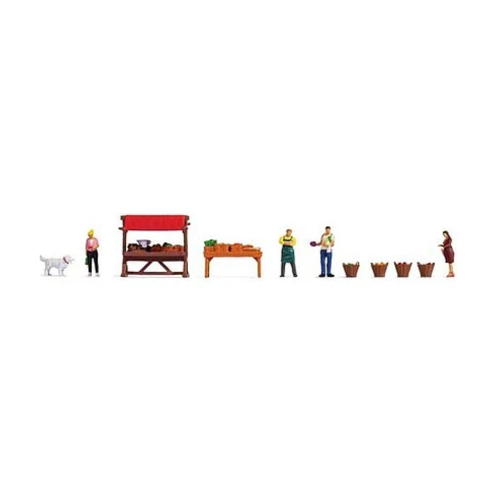 Noch 16225 HO Scale Farmers Market Vegetable Stall -- 4 Figures, 1 Dog, Market Stall, 4 Baskets, Table with Vegetables
