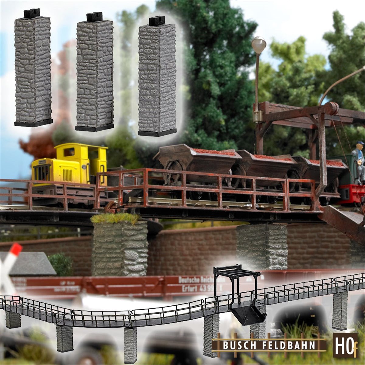 Busch 12388 HO Scale Feldbahn Bridge Pier Set Kit, pkg(3)
