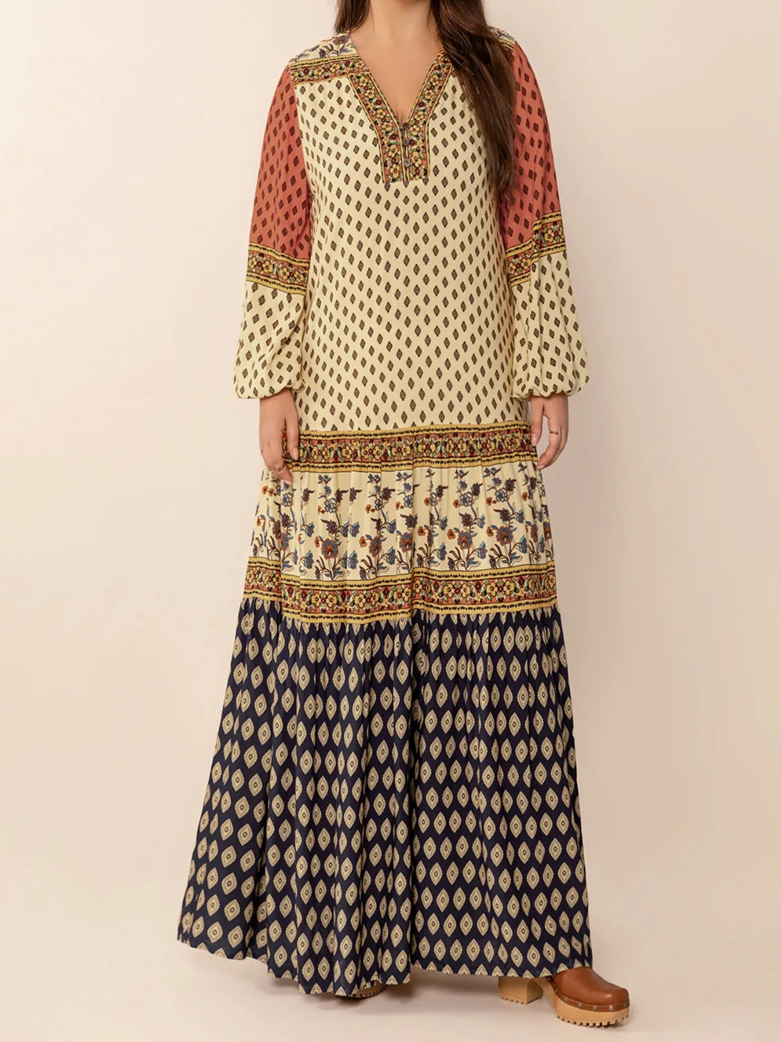 Printed V-Neck Balloon Sleeve Maxi Dress