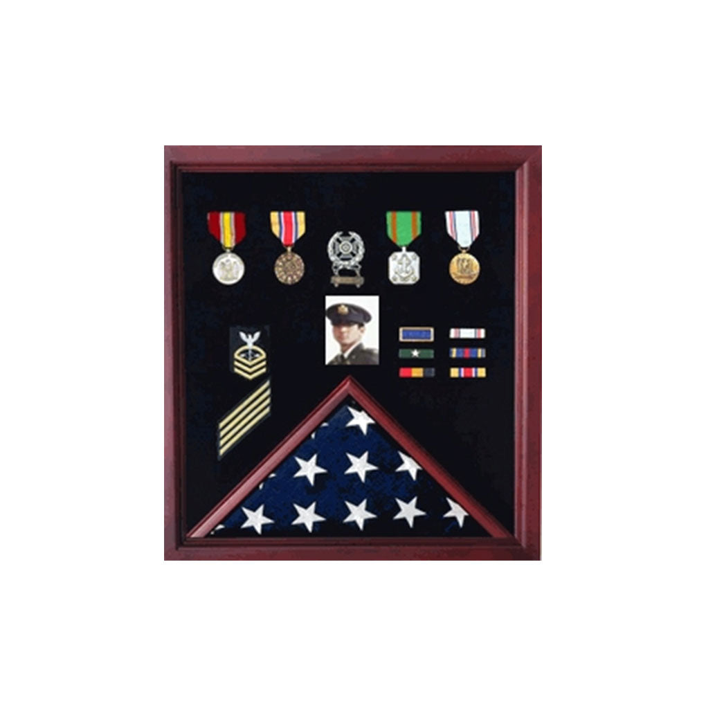Flag Photo Display Case with Badge Display Case - Oak.