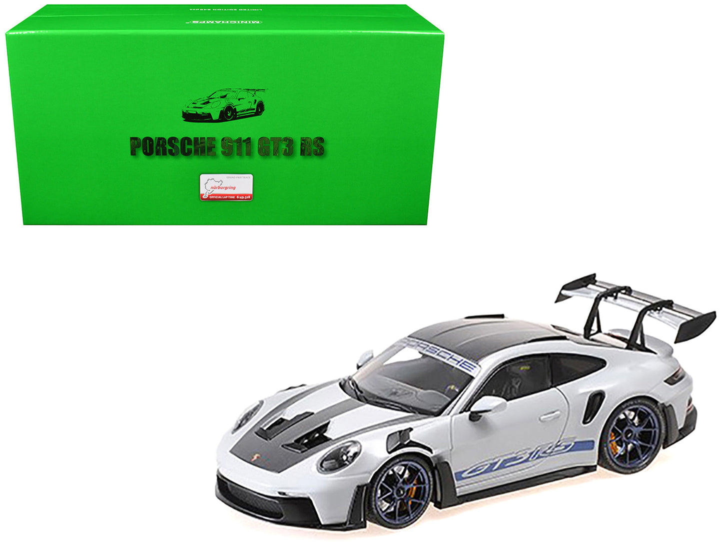 2022 Porsche 911 (992) GT3 RS "Weissach Package" Gray Metallic with Blue Accents Limited Edition to 649 pieces Worldwide 1/18 Diecast Model Car by Minichamps free shipping USA