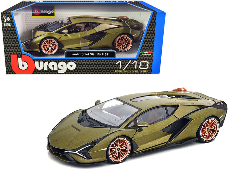 Lamborghini Sian FKP 37 Matt Green Metallic with Copper Wheels 1/18 Diecast Model Car by Bburago free shipping USA