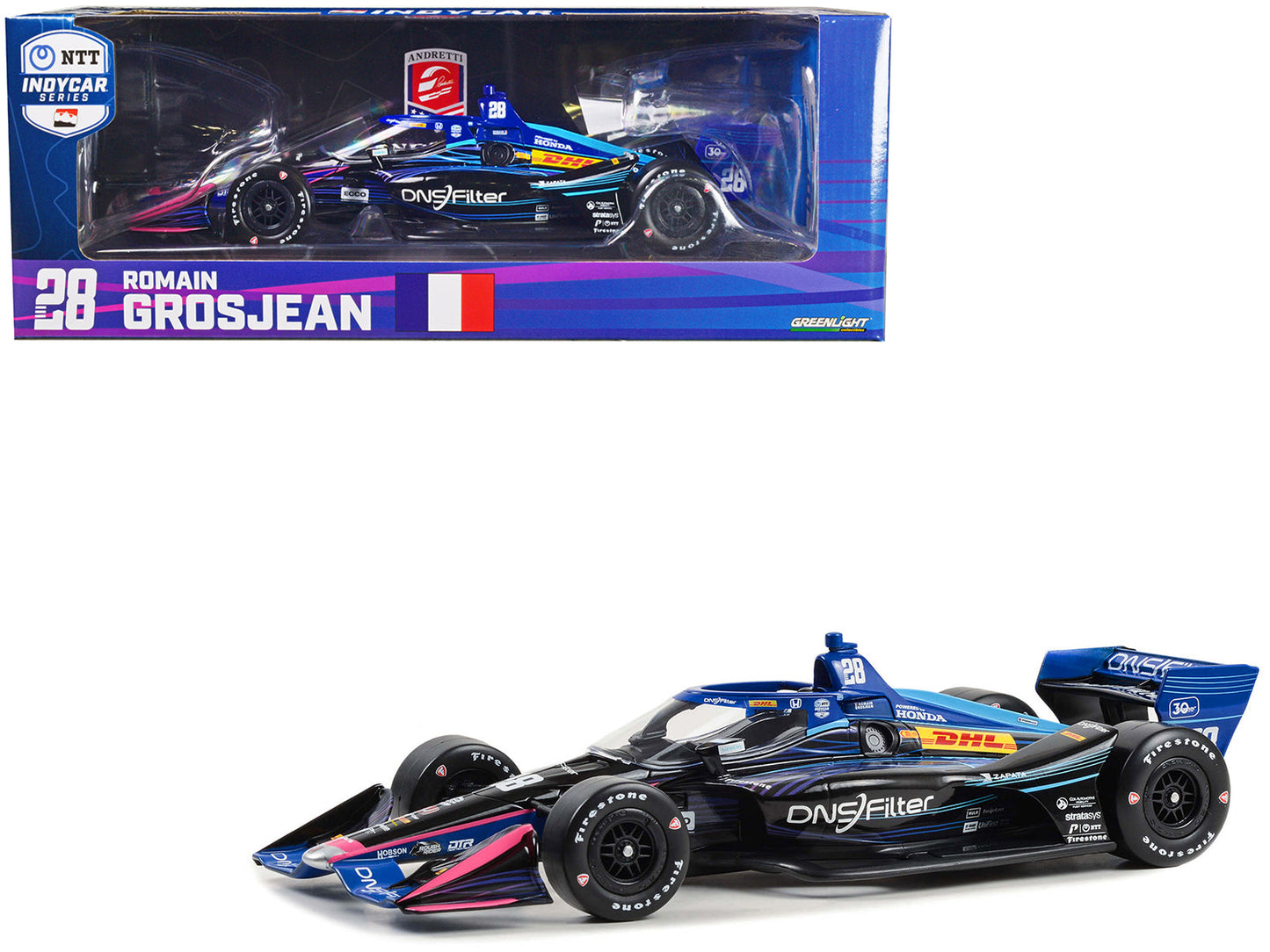 Dallara IndyCar #28 Romain Grosjean "DNSFilter" Andretti Autosport (Road Course Configuration) "NTT IndyCar Series" (2023) 1/18 Diecast Model Car by Greenlight free shipping USA