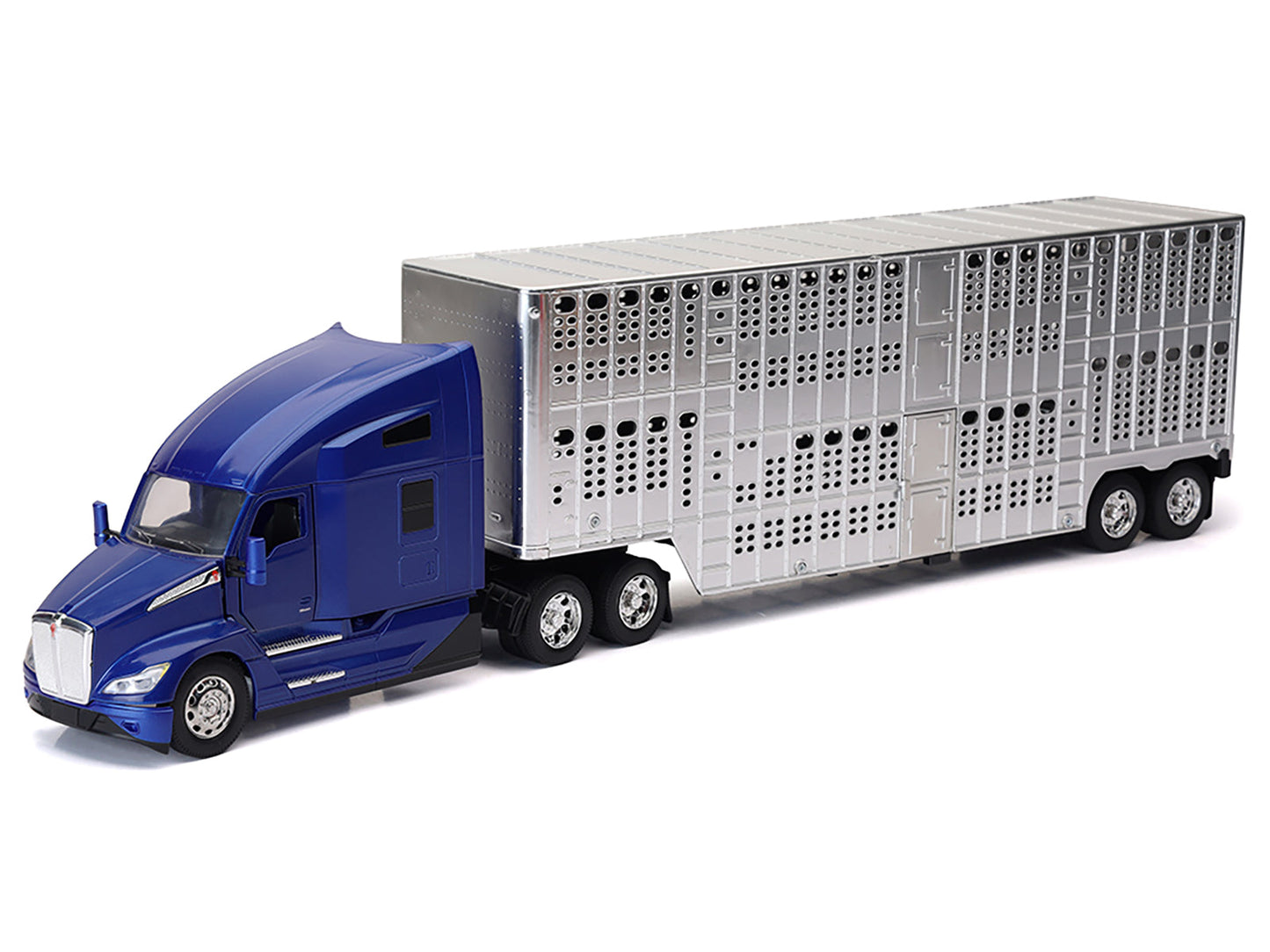 Kenworth T680 Truck Blue Metallic with Livestock Trailer Chrome "Long Haul Trucker" Series 1/32 Diecast Model by New Ray free shipping USA