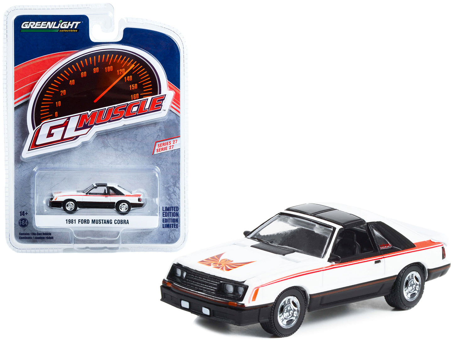 1981 Ford Mustang Cobra Polar White and Black with Red Stripes "Greenlight Muscle" Series 27 1/64 Diecast Model Car by Greenlight free shipping USA