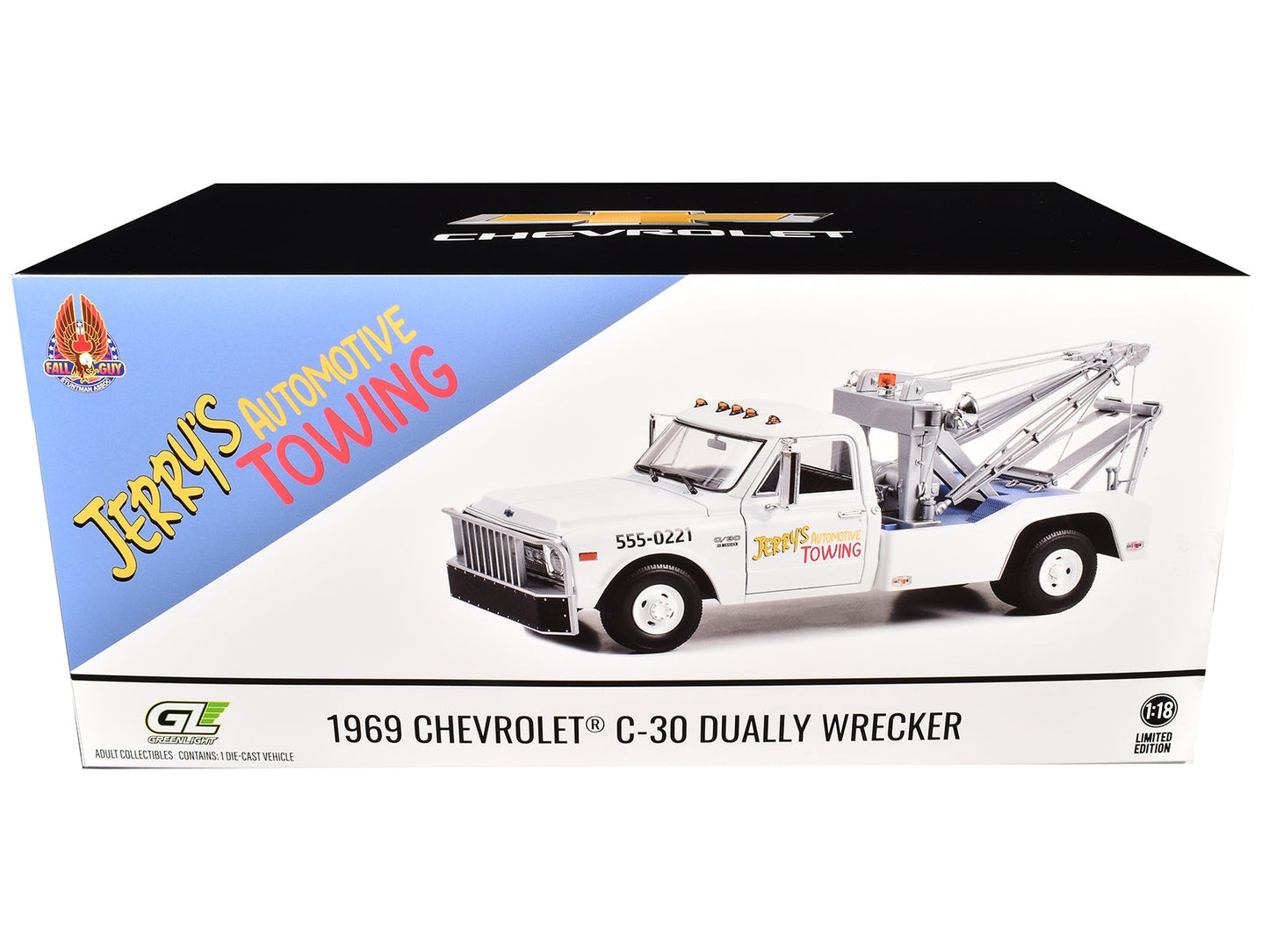 1969 Chevrolet C-30 Dually Wrecker Jerry's Towing "Fall Guy Stuntman Association" "The Fall Guy" (1981-1986) TV Series 1/18 Diecast Model Car by Greenlight