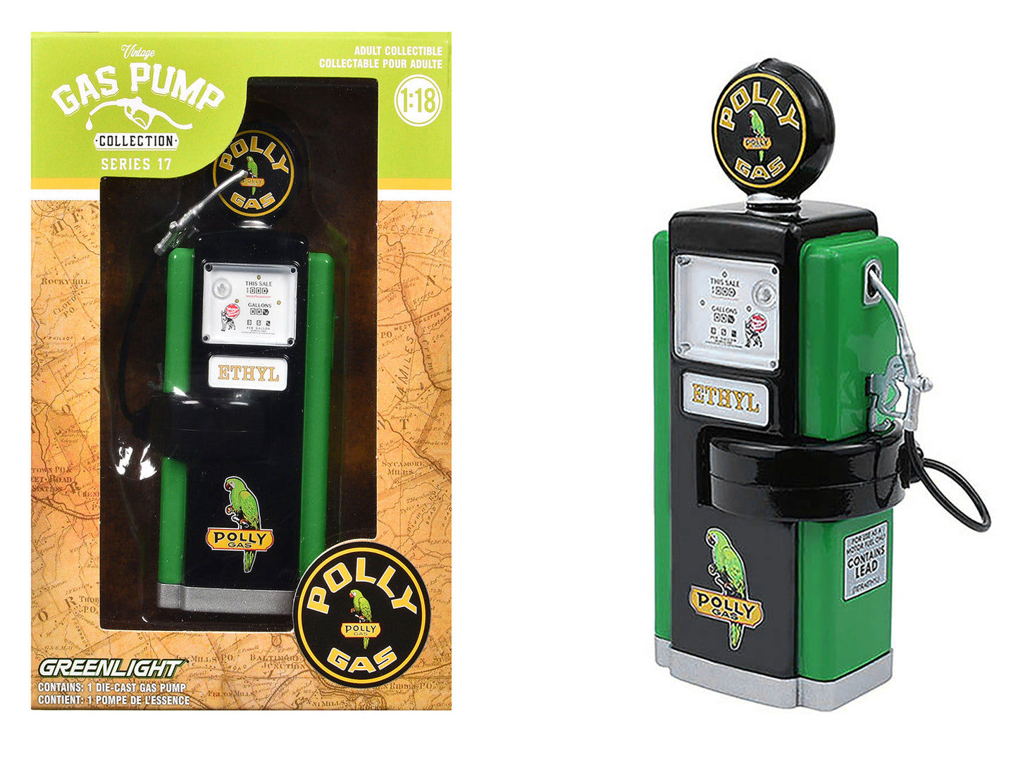 1948 Wayne 100-A Gas Pump "Polly Gas" Black and Green "Vintage Gas Pumps" Series 17 1/18 Diecast Replica by Greenlight free shipping USA