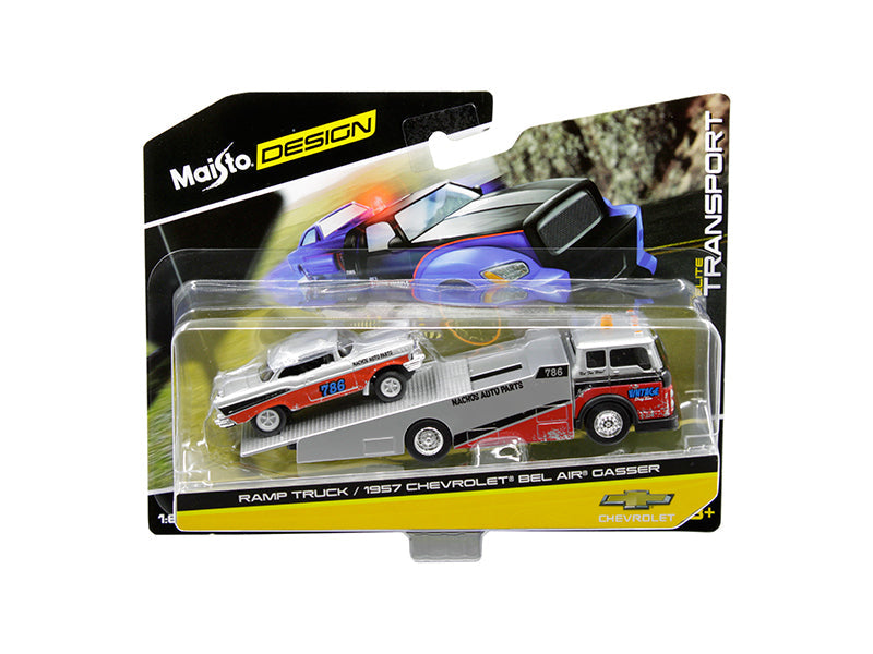 1957 Chevrolet Bel Air Gasser #786 Silver and Red with Ramp Tow Truck "Elite Transport" 1/64 Diecast Models by Maisto free shipping USA