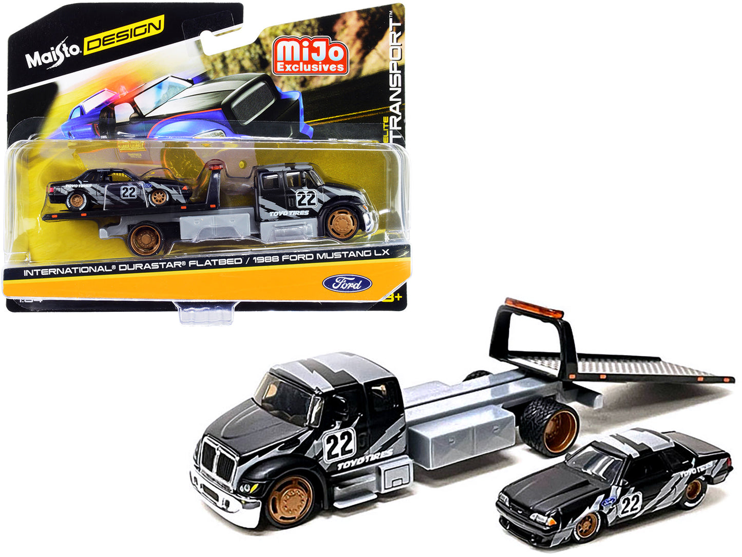 International DuraStar Flatbed Truck #22 and 1988 Ford Mustang LX #22 Matt Black with Gray Graphics "Toyo Tires" "Elite Transport" Series 1/64 Diecast Models by Maisto free shipping USA