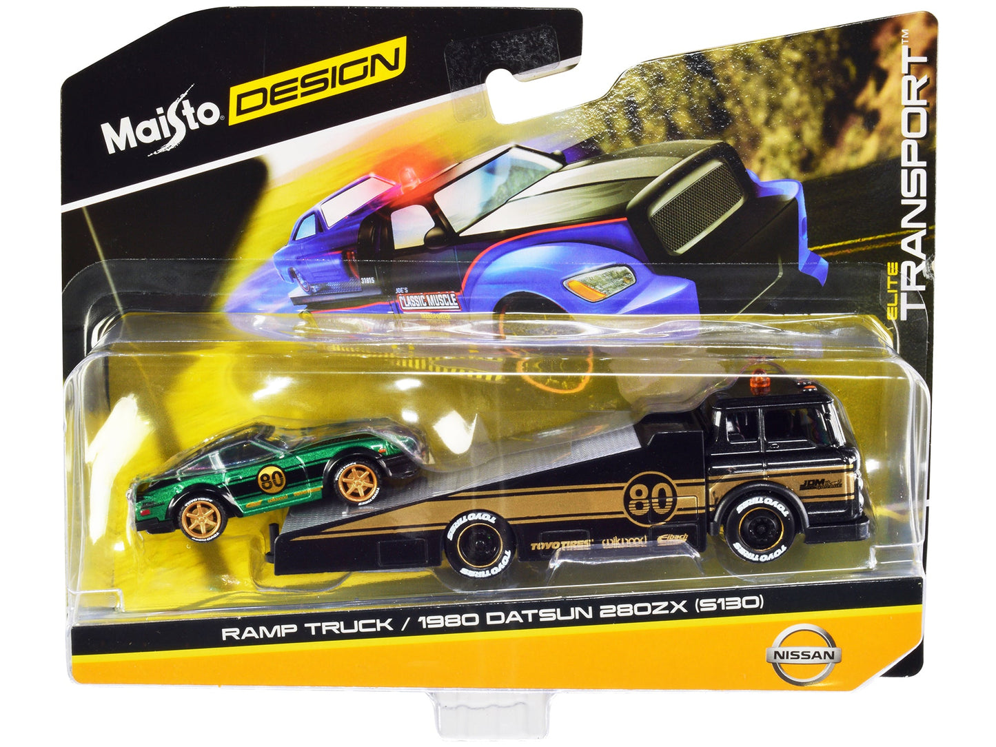 Ramp Truck #80 Dark Gray Metallic with Gold Metallic Stripes "JDM Garage" and 1980 Datsun 280ZX (S130) #80 Green Metallic with Stripes "Elite Transport" Series 1/64 Diecast Models by Maisto free shipping USA