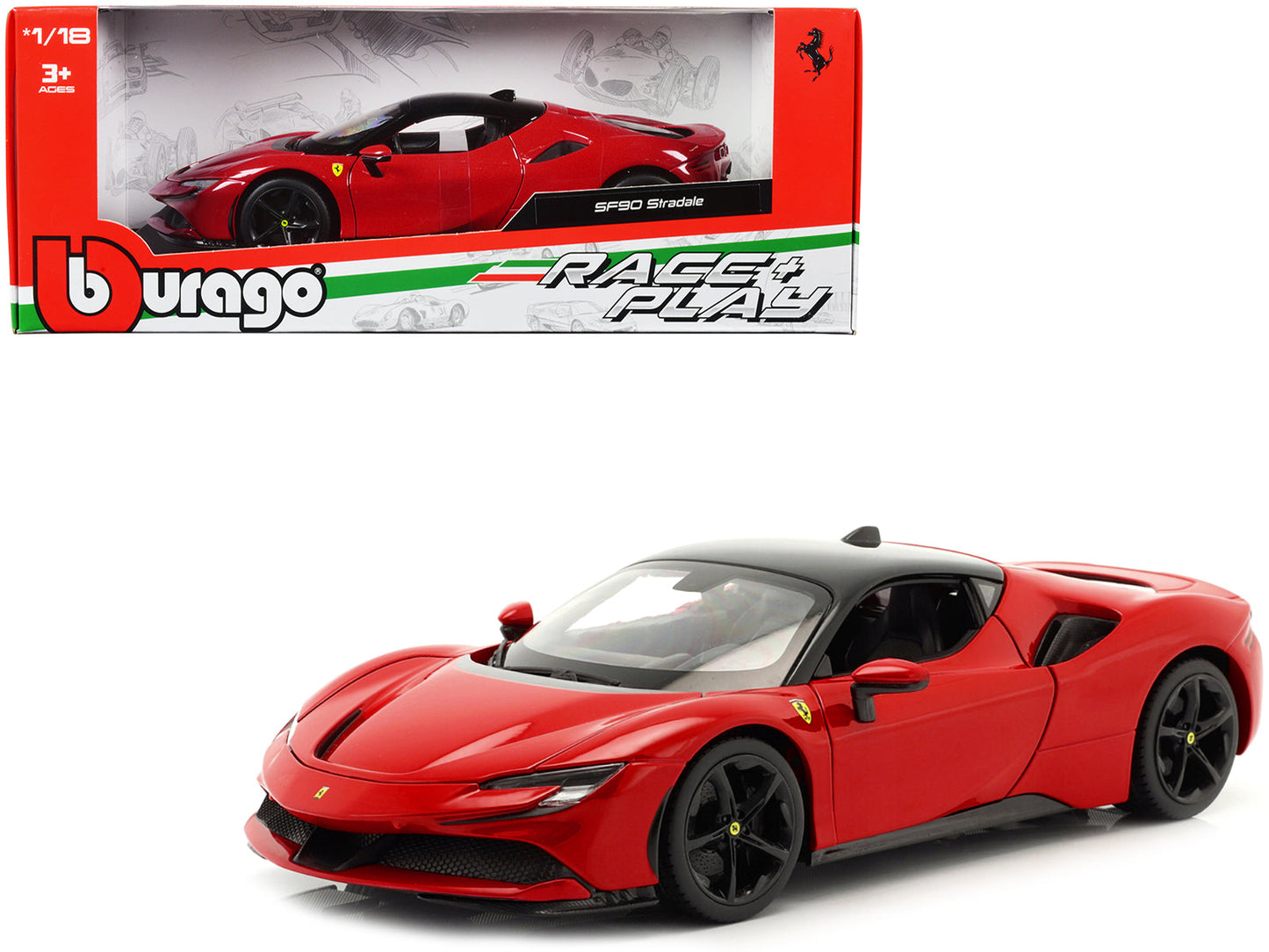 Ferrari SF90 Stradale Red with Black Top "Race + Play" Series 1/18 Diecast Model Car by Bburago free shipping USA