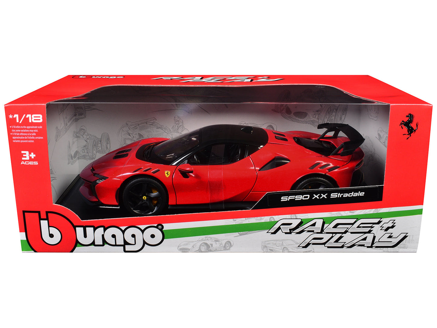 Ferrari SF90 XX Stradale Red with Black Top "Race + Play" Series 1/18 Diecast Model Car by Bburago free shipping USA