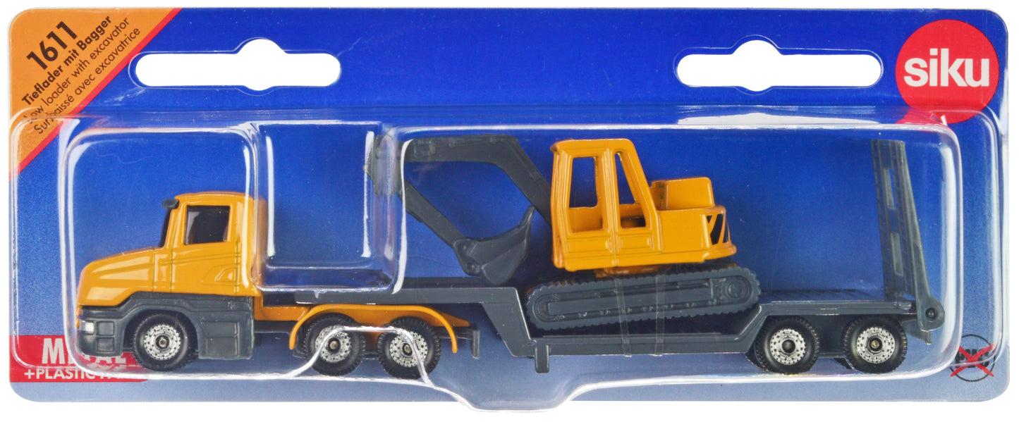 Truck with Low Loader Trailer and Excavator Yellow Diecast Model by Siku free shipping USA
