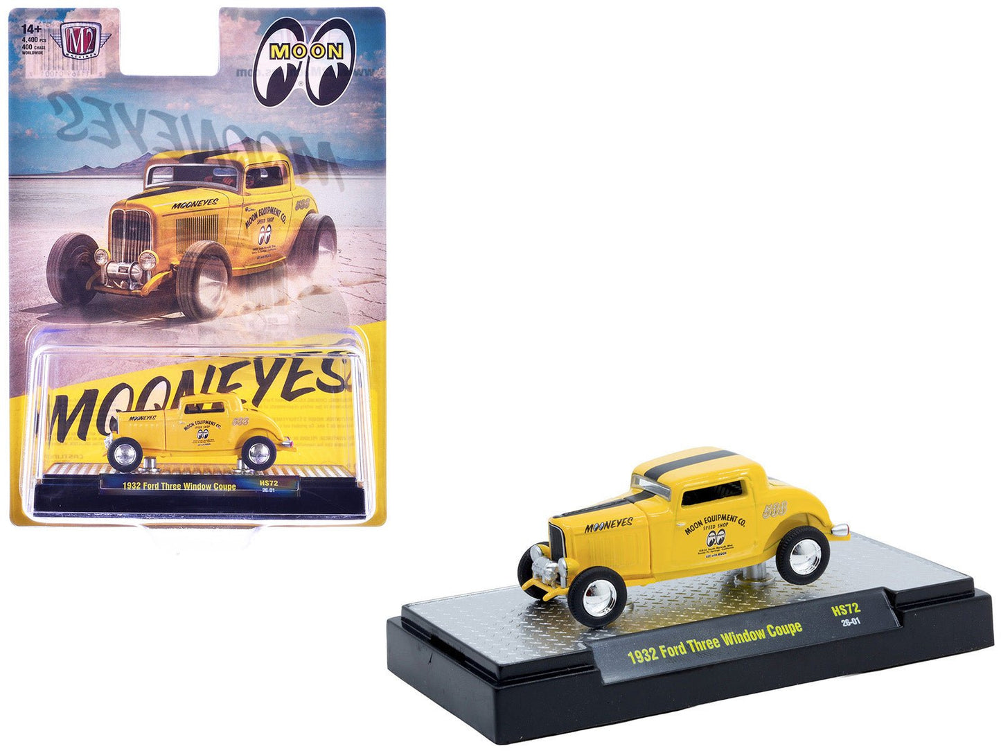 1932 Ford Three-Window Coupe "MoonEyes" Yellow with Black Stripe Limited Edition to 4400 pieces Worldwide 1/64 Diecast Model Car by M2 Machines free shipping USA