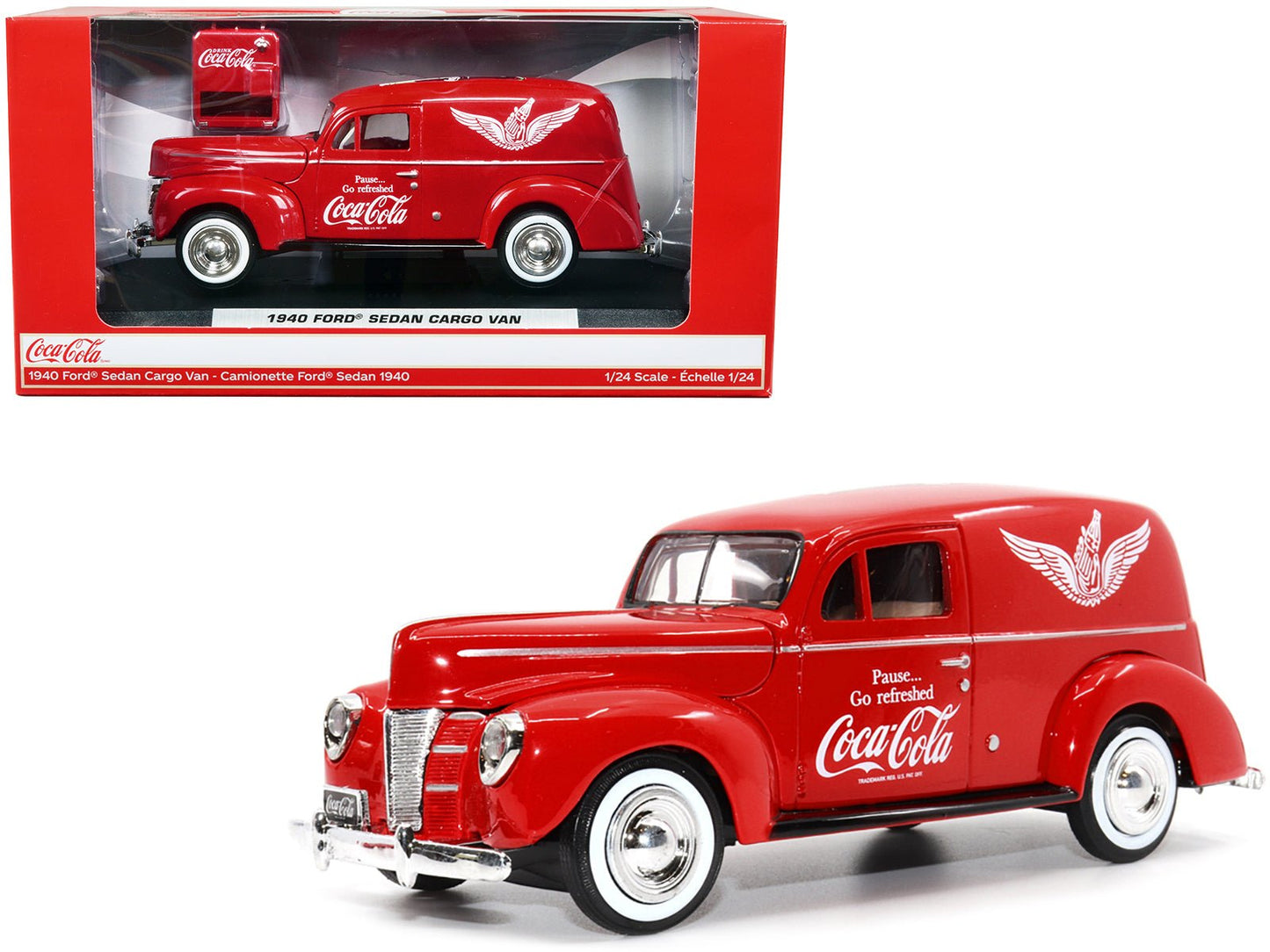1940 Ford Sedan Cargo Van Red "Pause... Go Refreshed Coca-Cola" with Vending Machine Accessory 1/24 Diecast Model Car by Motor City Classics free shipping USA