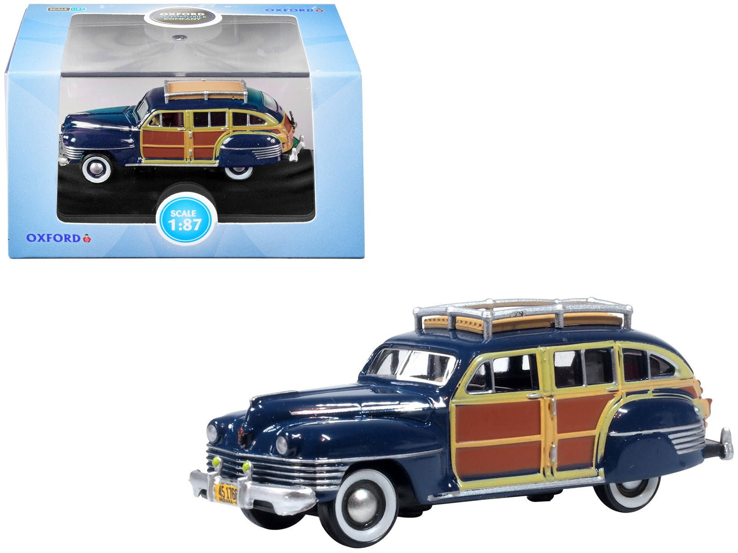 1942 Chrysler Town & Country Woody Wagon South Sea Blue with Wood Panels and Roof Rack 1/87 (HO) Scale Diecast Model Car by Oxford Diecast free shipping USA