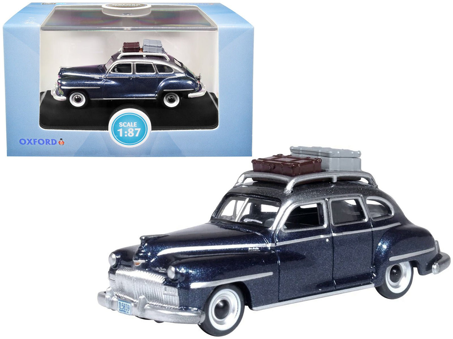 1946 DeSoto Suburban with Roof Rack and Luggage Butterfly Blue Metallic with Crystal Gray Top 1/87 (HO) Scale Diecast Model Car by Oxford Diecast free shipping USA
