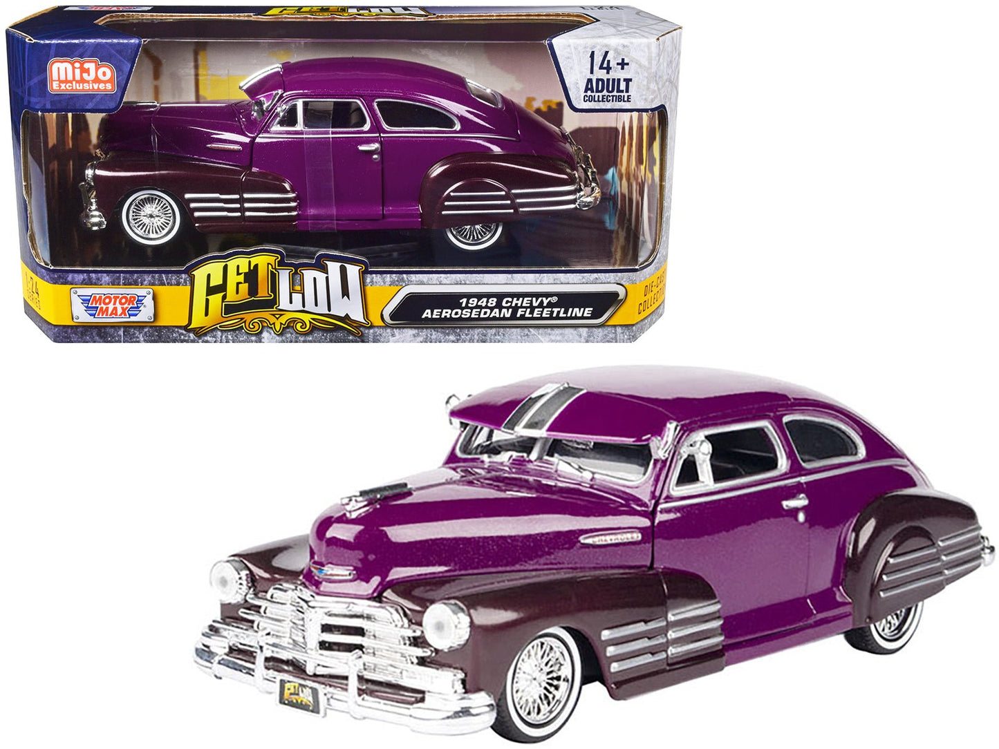 1948 Chevrolet Aerosedan Fleetside Lowrider Purple Metallic and Dark Purple Metallic Two-Tone "Get Low" Series 1/24 Diecast Model Car by Motormax free shipping USA