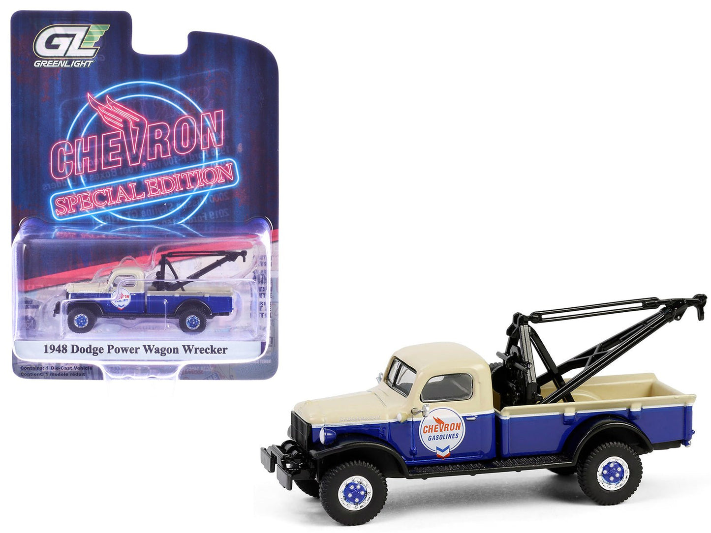 1948 Dodge Power Wagon Wrecker Tow Truck Beige and Blue "Chevron Special Edition" Series 1 1/64 Diecast Model Car by Greenlight free shipping USA