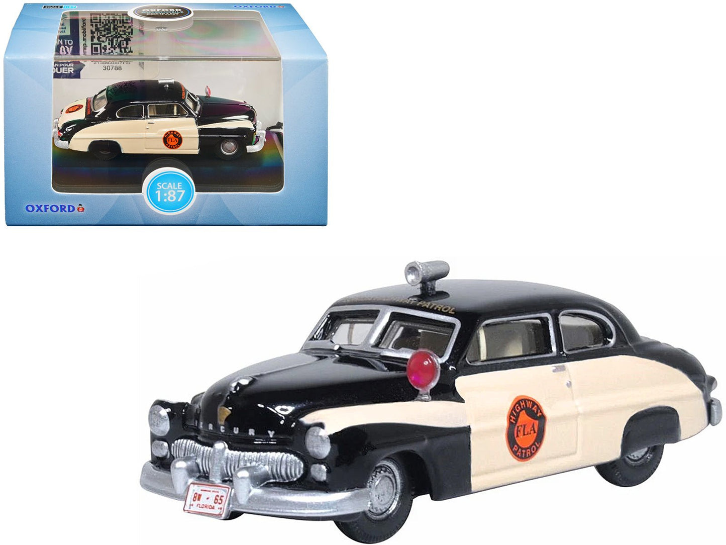 1949 Mercury Monarch Police Black and White "Florida Highway Patrol" 1/87 (HO) Scale Diecast Model Car by Oxford Diecast free shipping USA