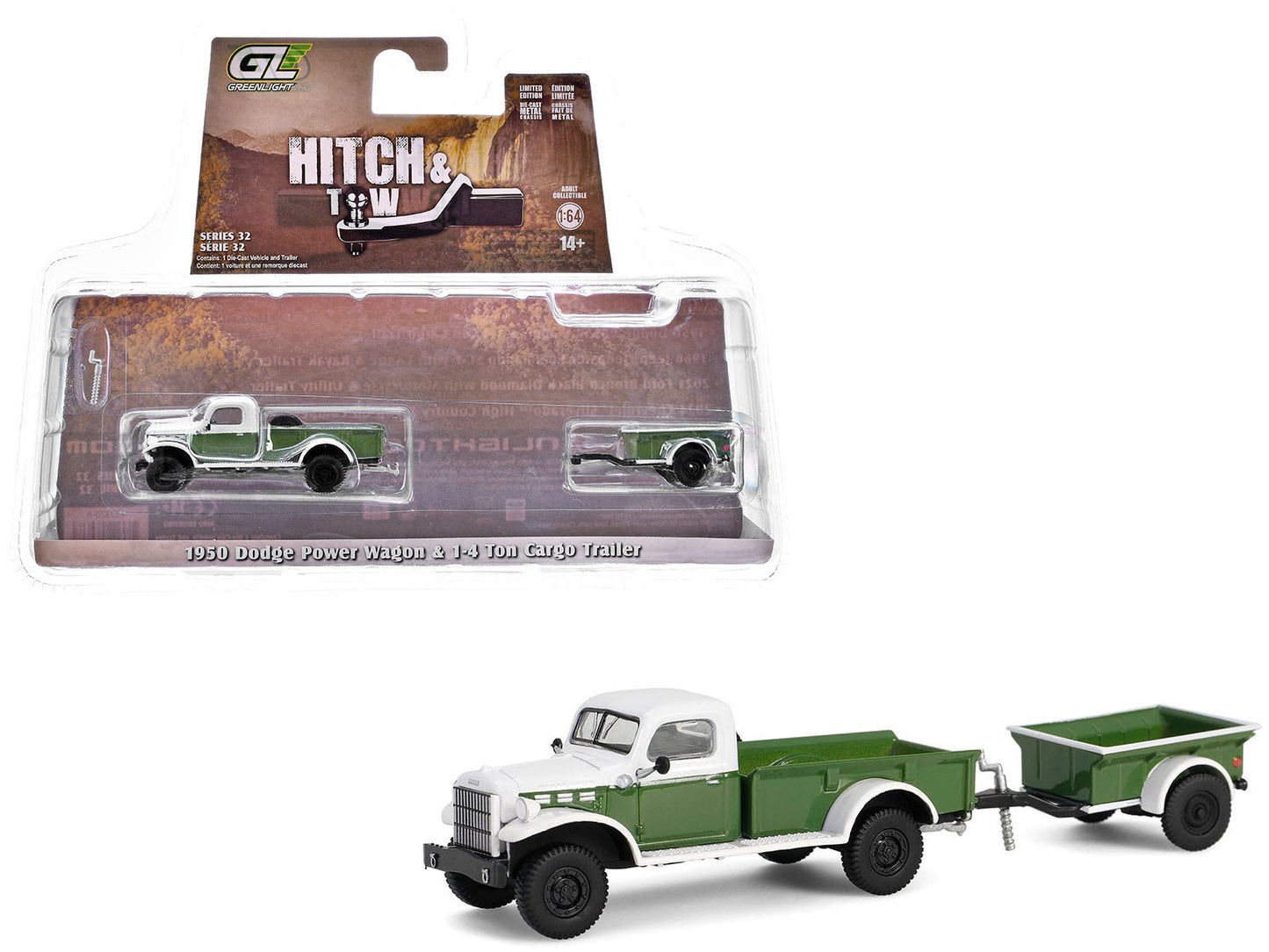 1950 Dodge Power Wagon Pickup Truck Green and White with 1/4 Ton Cargo Trailer Green "Hitch & Tow" Series 32 1/64 Diecast Model Cars by Greenlight free shipping USA