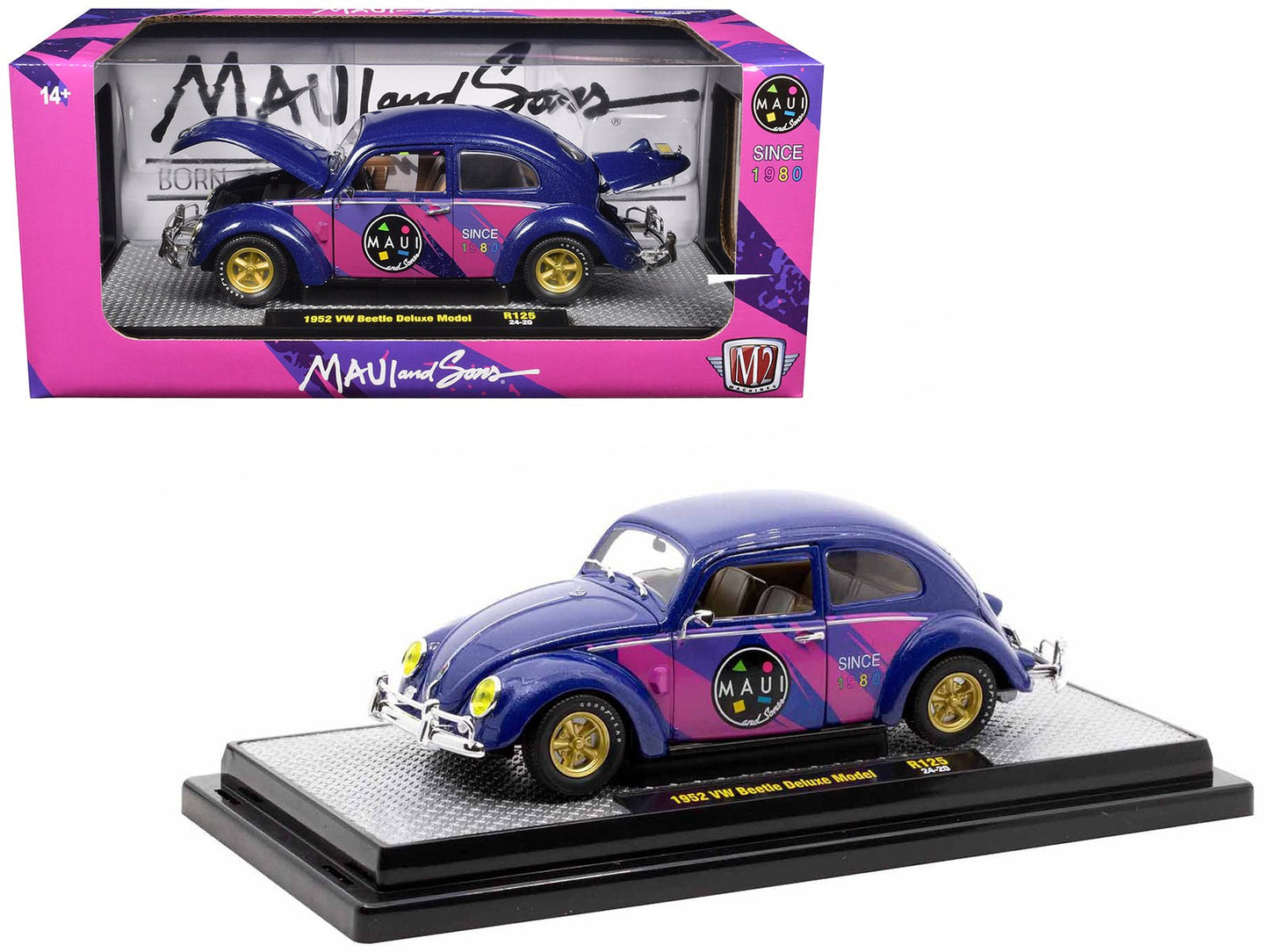 1952 Volkswagen Beetle Deluxe Model "Maui & Sons" Purple Metallic with Graphics Limited Edition to 6650 pieces Worldwide 1/24 Diecast Model Car by M2 Machines free shipping USA