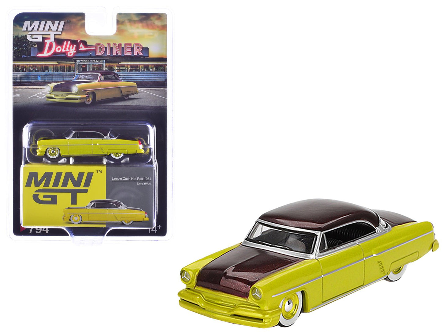 1954 Lincoln Capri Hot Rod Lime Yellow Metallic and Brown Metallic Limited Edition 1/64 Diecast Model Car by Mini GT free shipping USA