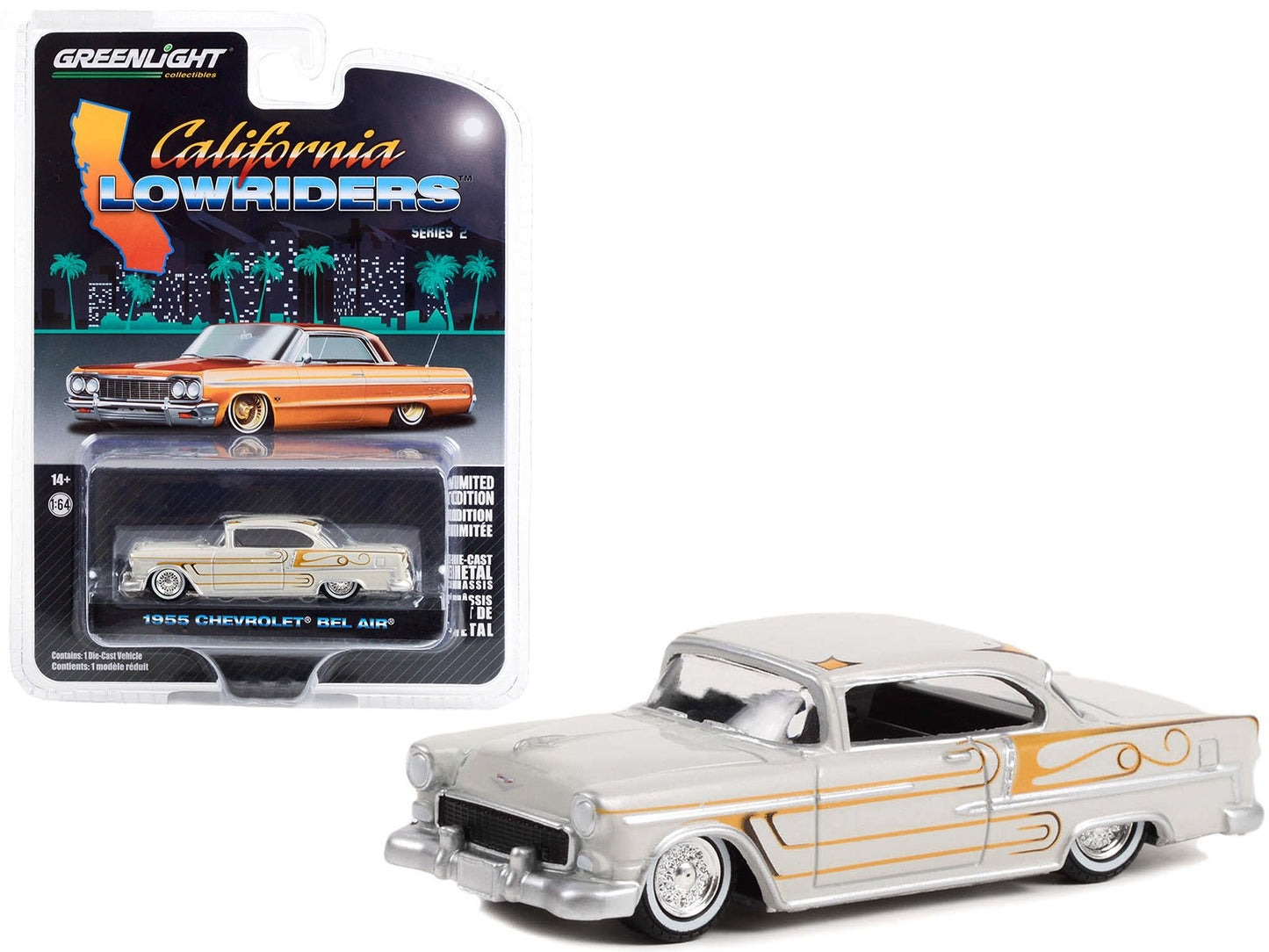 1955 Chevrolet Bel Air Custom Light Gray Metallic and Gold Graphics "California Lowriders" Series 2 1/64 Diecast Model Car by Greenlight free shipping USA