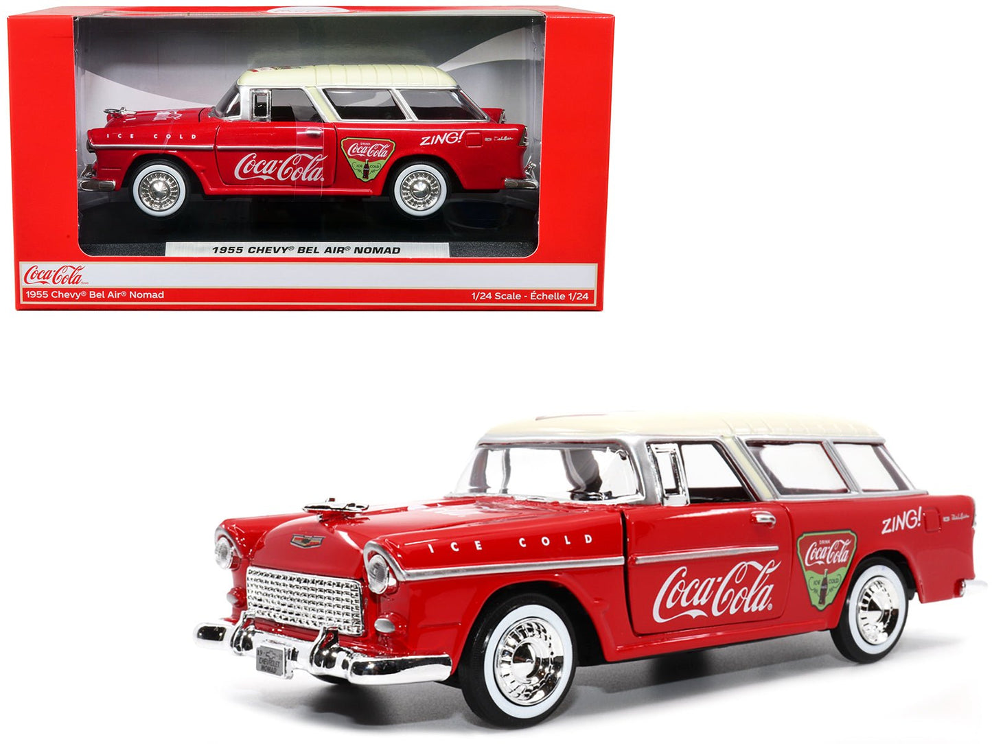 1955 Chevrolet Bel Air Nomad Red with White Top "Coca-Cola" 1/24 Diecast Model Car by Motor City Classics free shipping USA