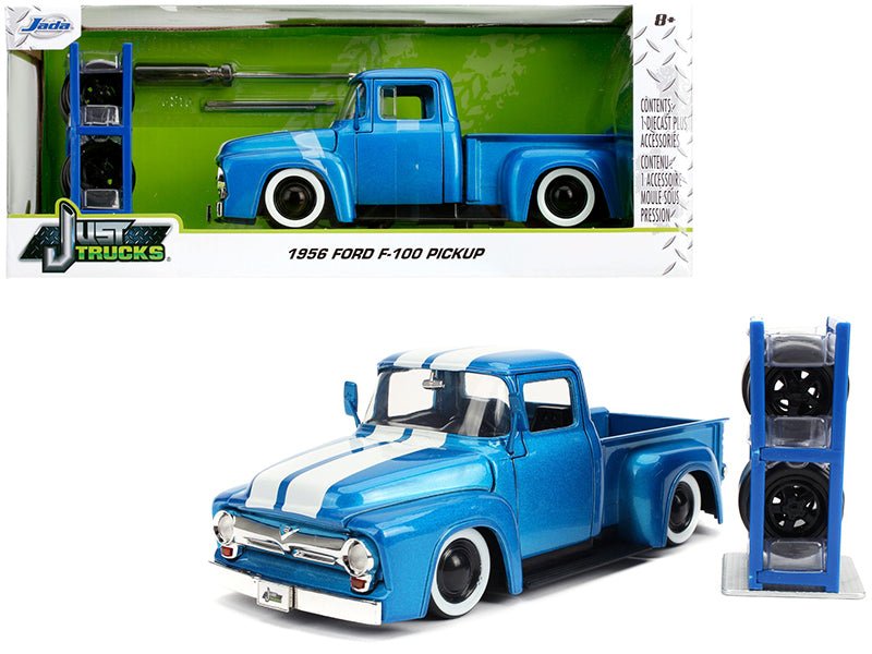 1956 Ford F-100 Pickup Truck Blue Metallic with White Stripes and Extra Wheels "Just Trucks" Series 1/24 Diecast Model Car by Jada free shipping USA