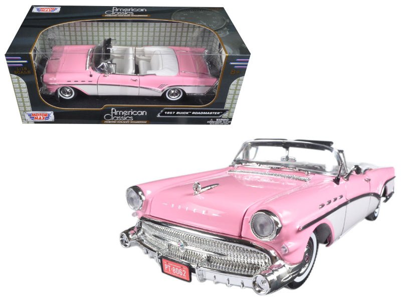 1957 Buick Roadmaster Convertible Pink and White 1/18 Diecast Model Car by Motormax free shipping USA