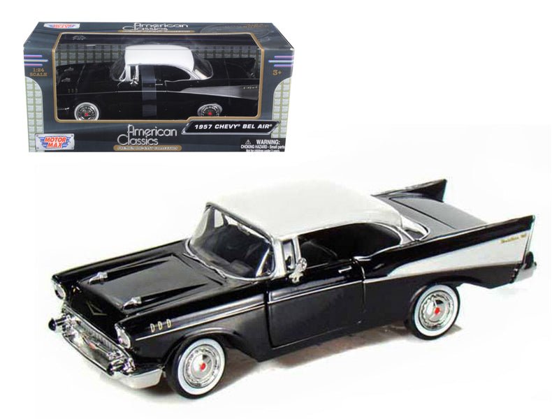 1957 Chevrolet Bel Air Black with White Top 1/24 Diecast Model Car by Motormax free shipping USA