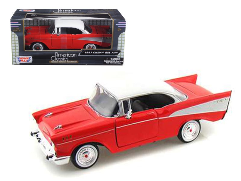 1957 Chevrolet Bel Air Red with White Top 1/24 Diecast Model Car by Motormax free shipping USA