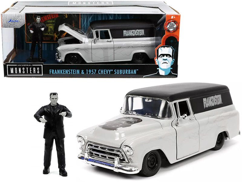 1957 Chevrolet Suburban Gray and Black with Graphics and Frankenstein Diecast Figurine "Universal Monsters" "Hollywood Rides" Series 1/24 Diecast Model Car by Jada free shipping USA
