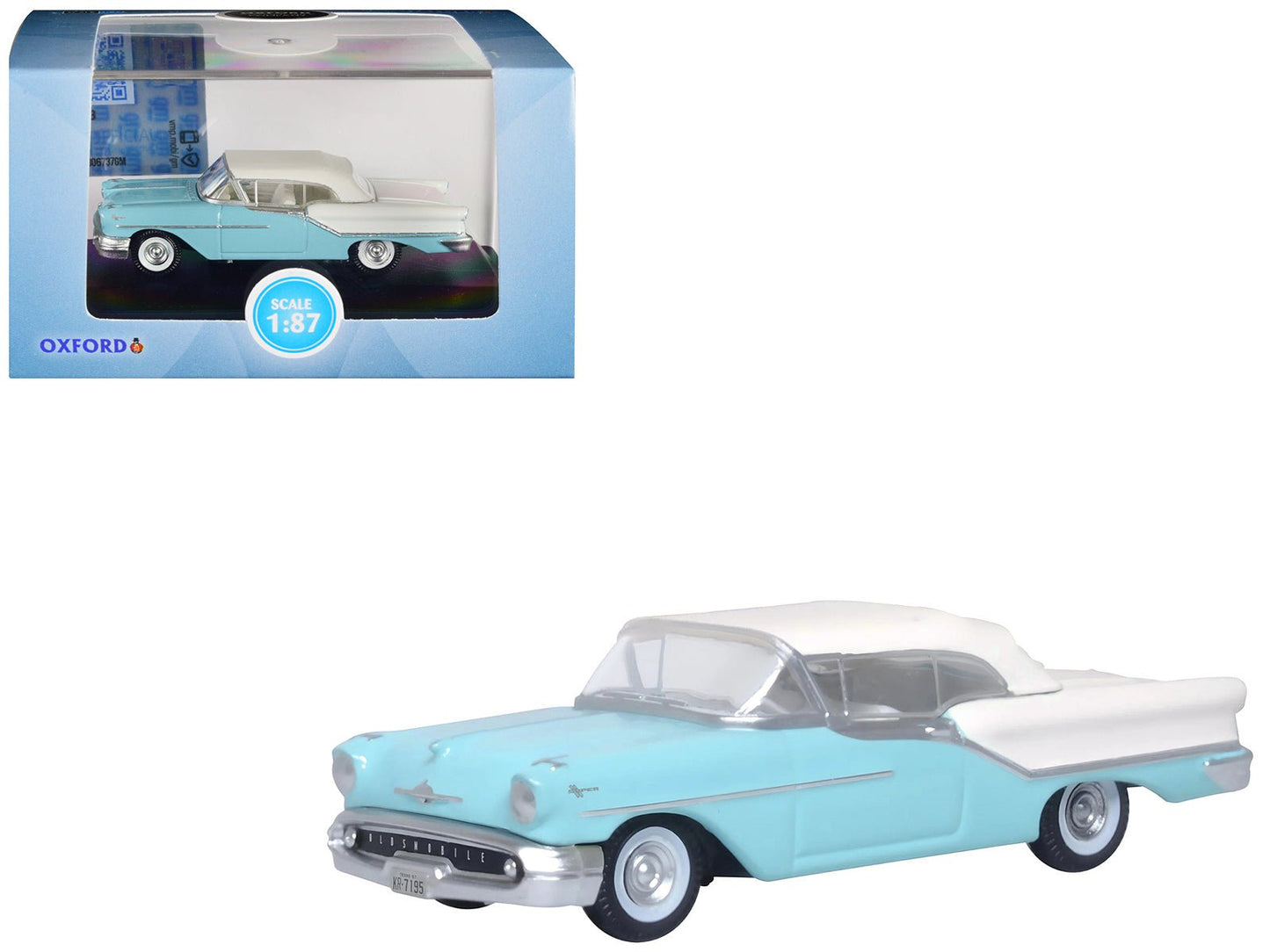 1957 Oldsmobile 88 Convertible (Top-Up) Banff Blue and Alcan White with White 1/87 (HO) Scale Diecast Model Car by Oxford Diecast free shipping USA