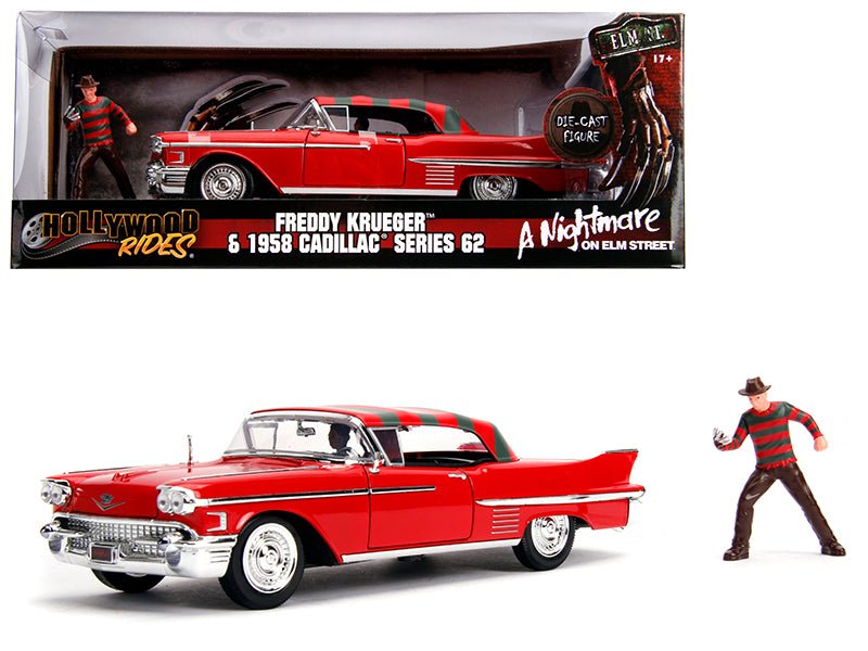 1958 Cadillac Series 62 Red with Freddy Krueger Diecast Figurine "A Nightmare on Elm Street" Movie 1/24 Diecast Model Car by Jada free shipping USA