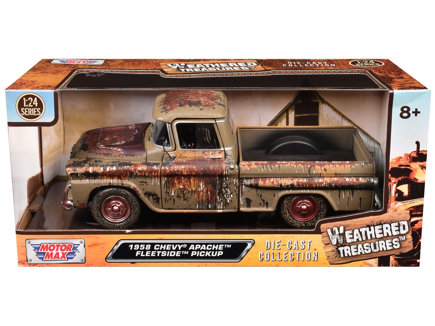 1958 Chevrolet Apache Fleetside Pickup Brown (Rusted) "Weathered Treasures" Series 1/24 Diecast Model Car by Motormax free shipping USA