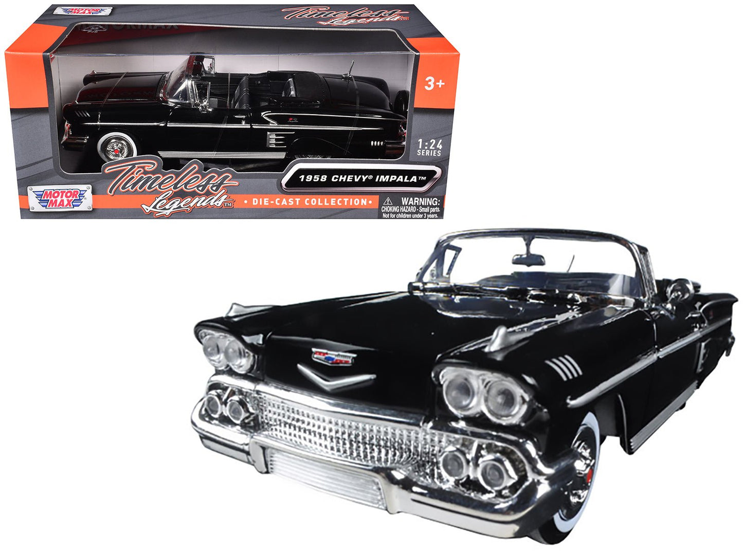 1958 Chevrolet Impala Convertible Black 1/24 Diecast Model Car by Motormax free shipping USA