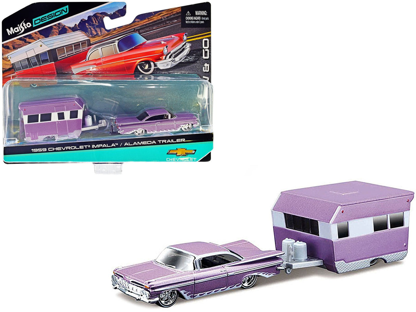 1959 Chevrolet Impala Purple Metallic with White Graphics and Alameda Trailer Purple Metallic and White "Tow & Go" Series 1/64 Diecast Model Car by Maisto free shipping USA