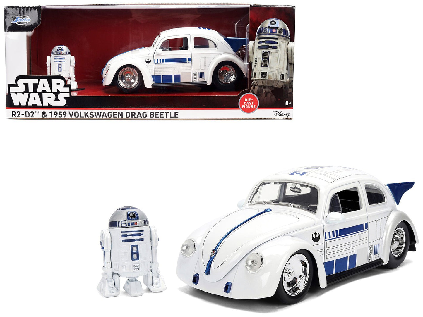 1959 Volkswagen Drag Beetle White with Graphics and R2-D2 Figure "Star Wars" Franchise "Hollywood Rides" Series 1/24 Diecast Model Car by Jada free shipping USA