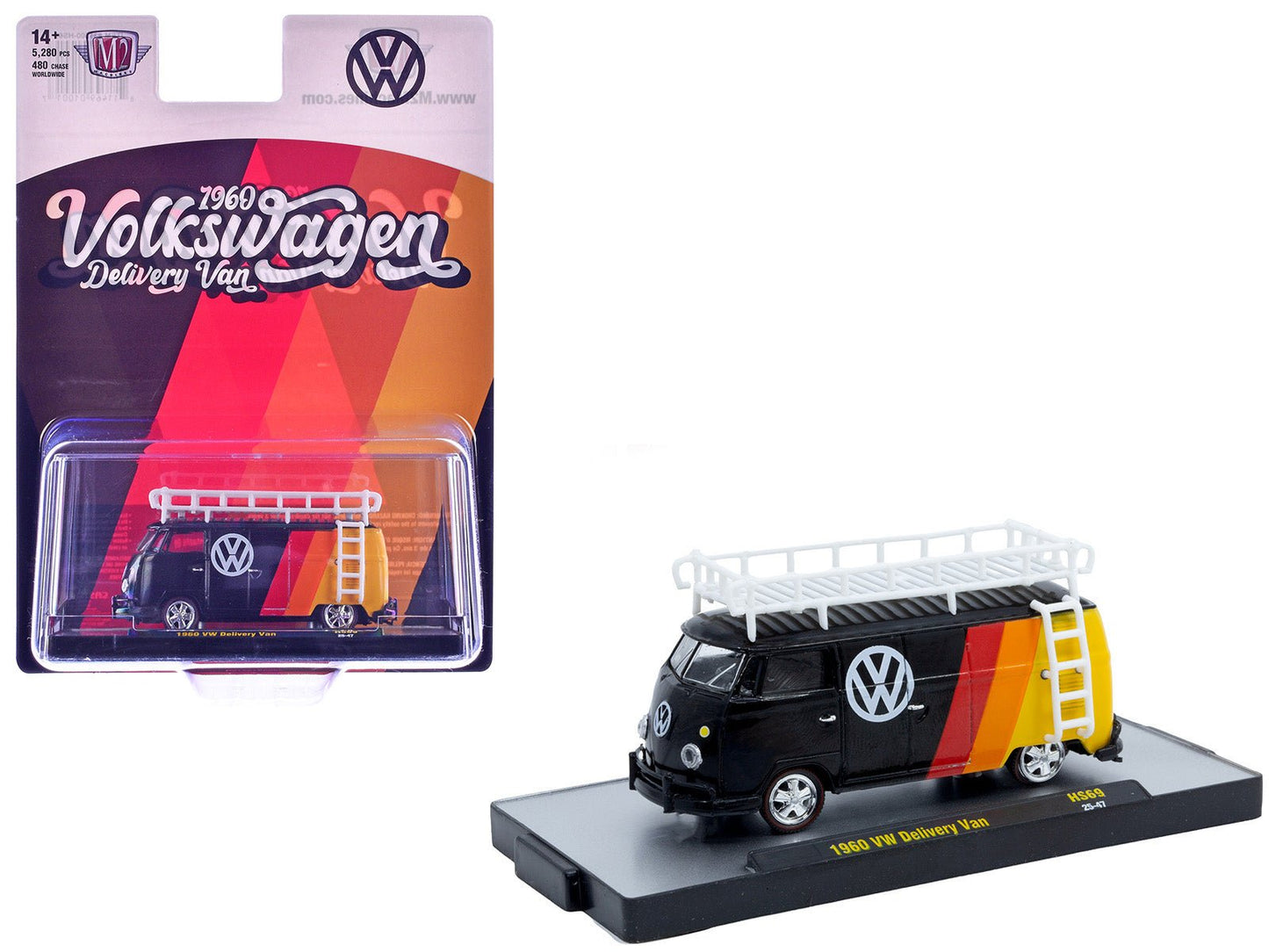 1960 Volkswagen Delivery Van Black with Stripes and White Roof Rack Limited Edition to 5280 pieces Worldwide 1/64 Diecast Model Car by M2 Machines free shipping USA