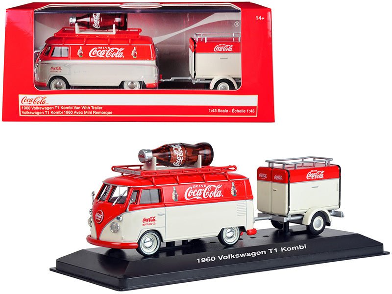 1960 Volkswagen T1 Kombi Van with Trailer Red and Cream "Coca Cola" 1/43 Diecast Model Car by Motorcity Classics free shipping USA