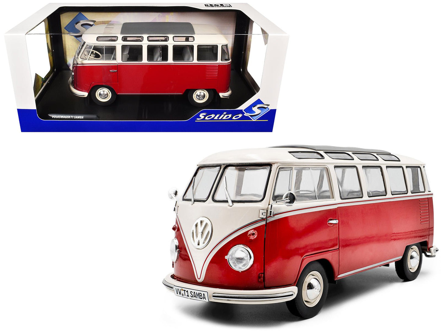 1962 Volkswagen T1 Samba Bus Red and White 1/18 Diecast Model Car by Solido free shipping USA