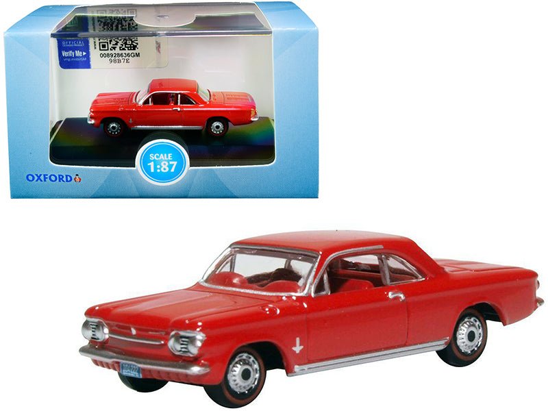 1963 Chevrolet Corvair Coupe Riverside Red with Red Interior 1/87 (HO) Scale Diecast Model Car by Oxford Diecast free shipping USA