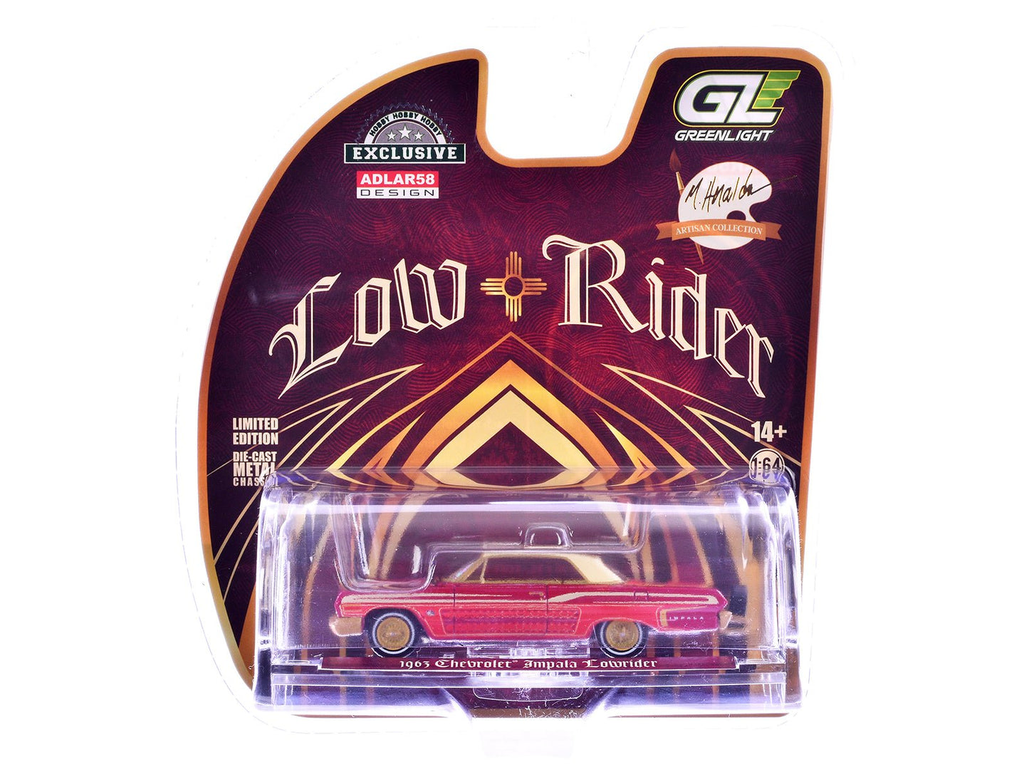 1963 Chevrolet Impala Lowrider "Michael Heralda Special Edition" Red Metallic with Cream Top and Interior with Gold Graphics "Hobby Exclusive" Series 1/64 Diecast Model Car by Greenlight free shipping USA