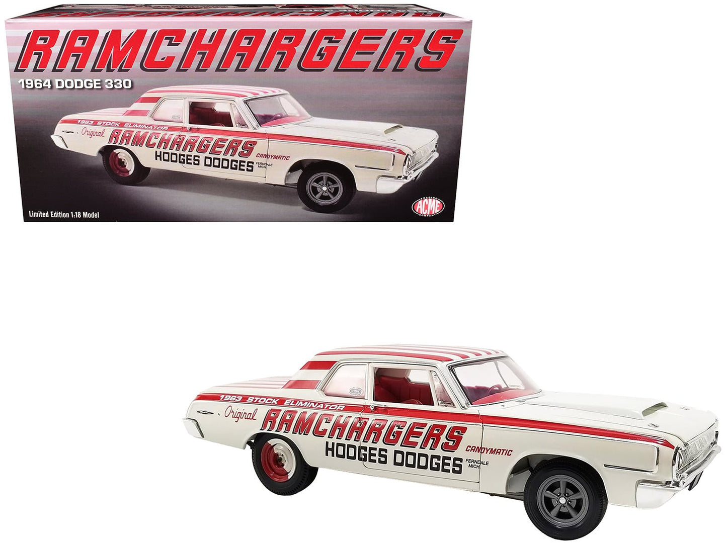 1964 Dodge 330 "Ramchargers" White with Red Graphics and Stripes Limited Edition to 504 pieces Worldwide 1/18 Diecast Model Car by ACME free shipping USA