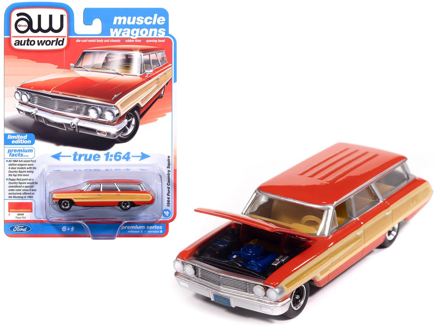 1964 Ford Country Squire Poppy Red with Woodgrain Sides "Muscle Wagons" Series 1/64 Diecast Model Car by Auto World free shipping USA