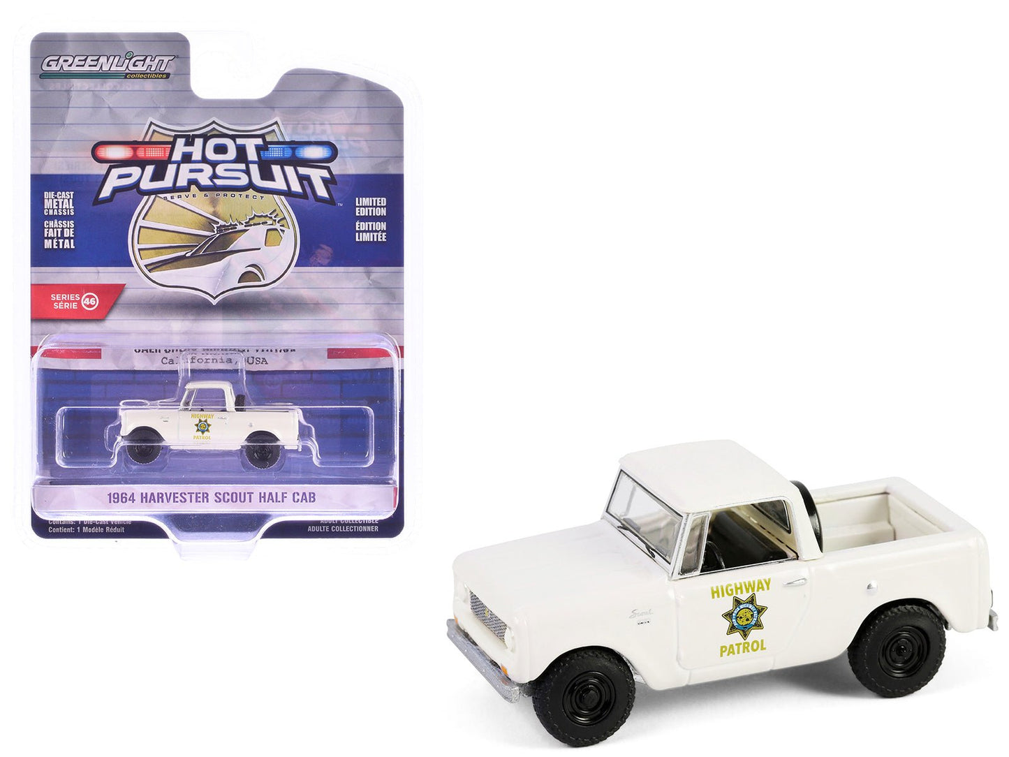1964 Harvester Scout Half Cab Pickup Truck "California Highway Patrol" Beige "Hot Pursuit" Series 46 1/64 Diecast Model Car by Greenlight free shipping USA