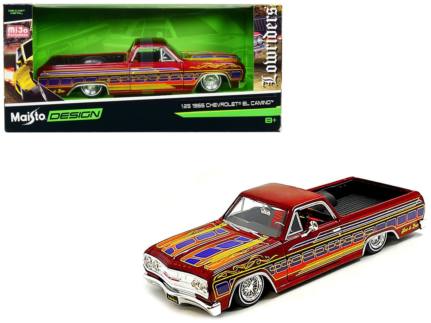 1965 Chevrolet El Camino Lowrider Candy Red Metallic with Graphics "Lowriders" Series 1/25 Diecast Model Car by Maisto free shipping USA